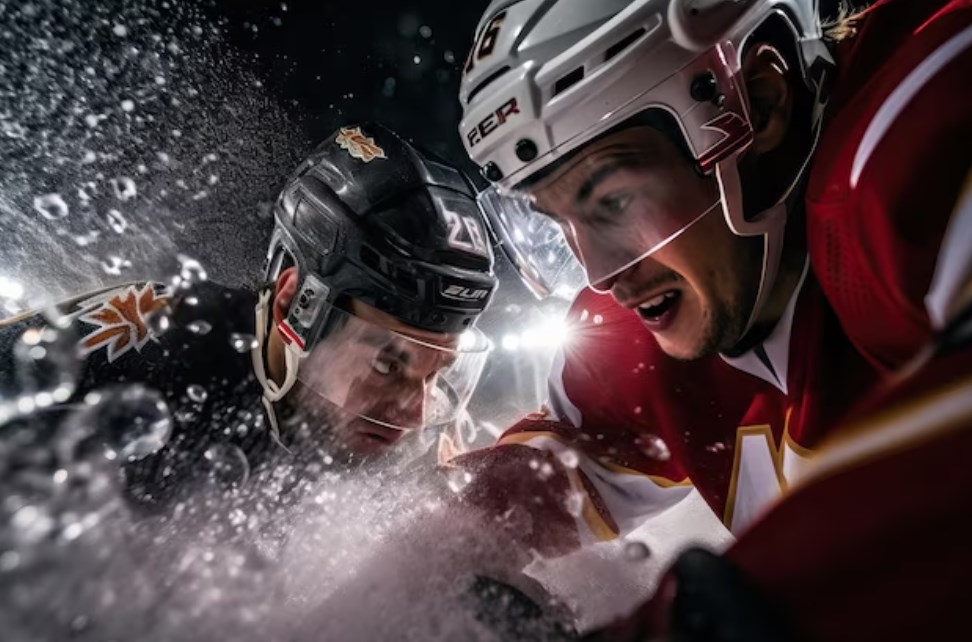 a dramatic shot with two professional hockey players during the game