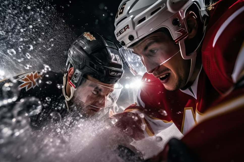 two ice skate players in helmets during the game