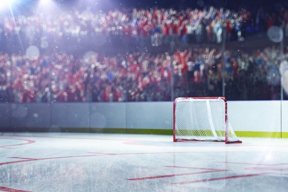 Empty hockey arena and audience behind