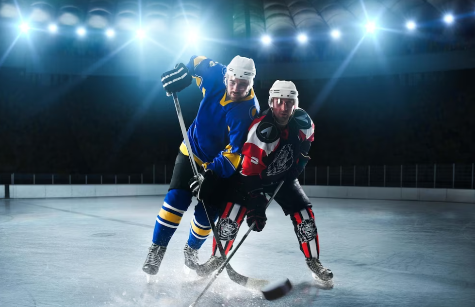 two ice hockey players on the field during gameplay and lights behind them